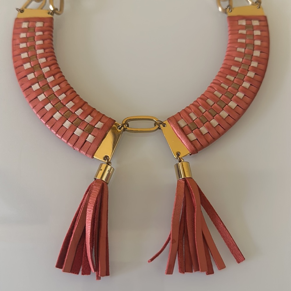 Anthropologie Wing Paris orange leather tassels & brass necklace. Made in France - Picture 6 of 12